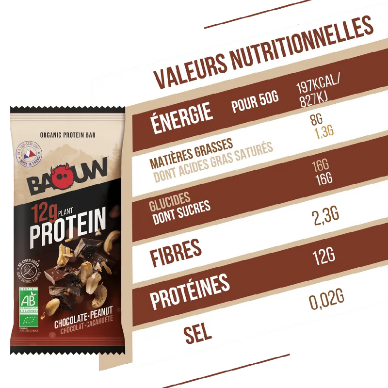 Barres Protéinées : chocolat - cacahuète Baouw NICE ORGANIC herboristerie bio